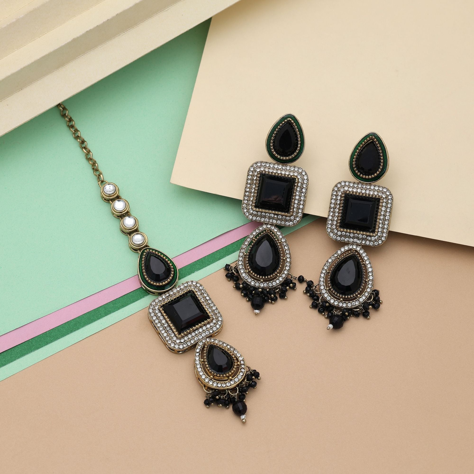 Black Color Kundan Earrings Tikka Set Traditional Artwork