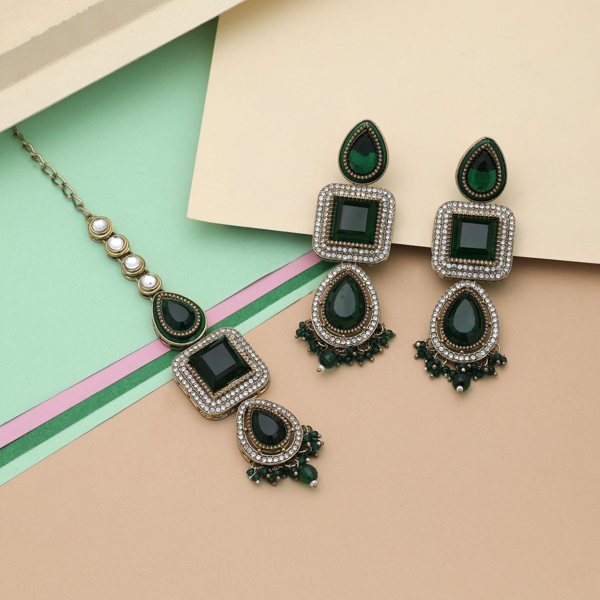 Green Color Kundan Earrings Tikka Set Traditional Fashion
