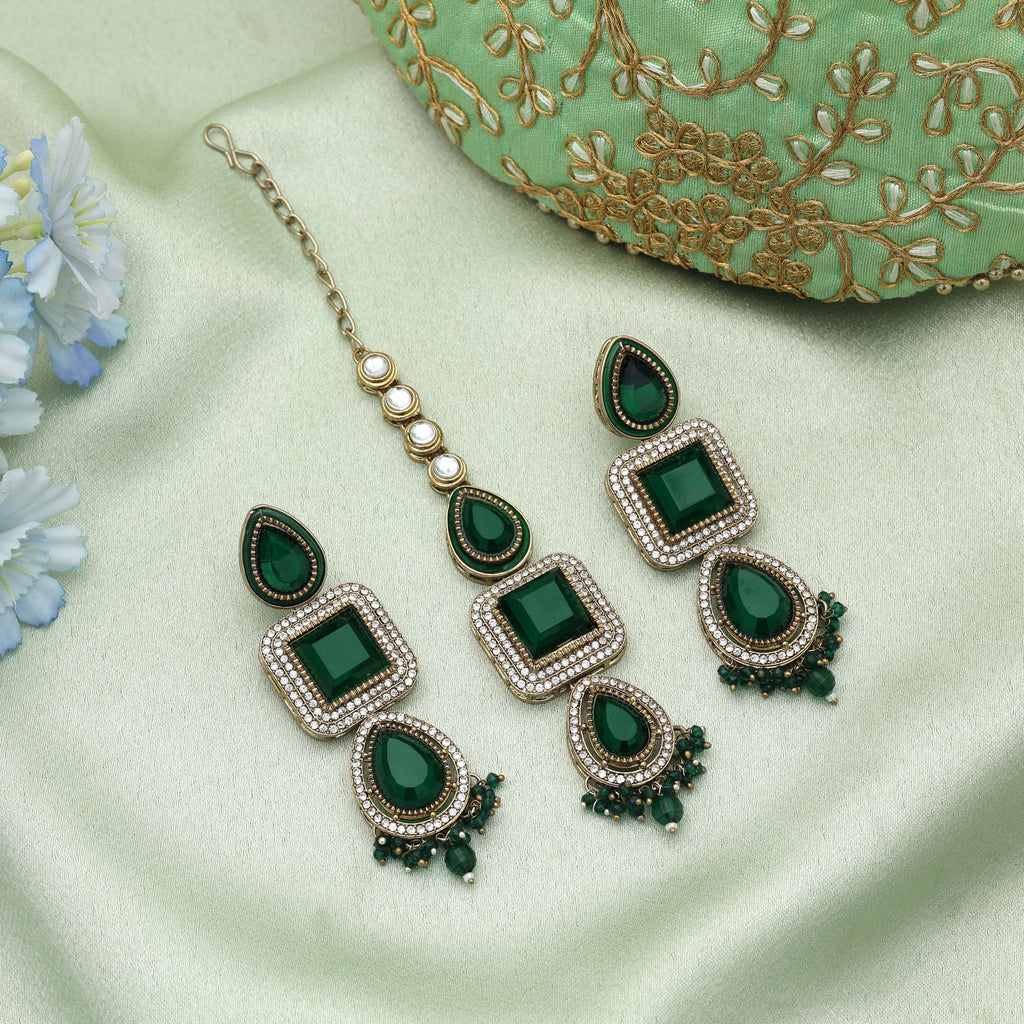 Green Color Kundan Earrings Tikka Set Traditional Fashion