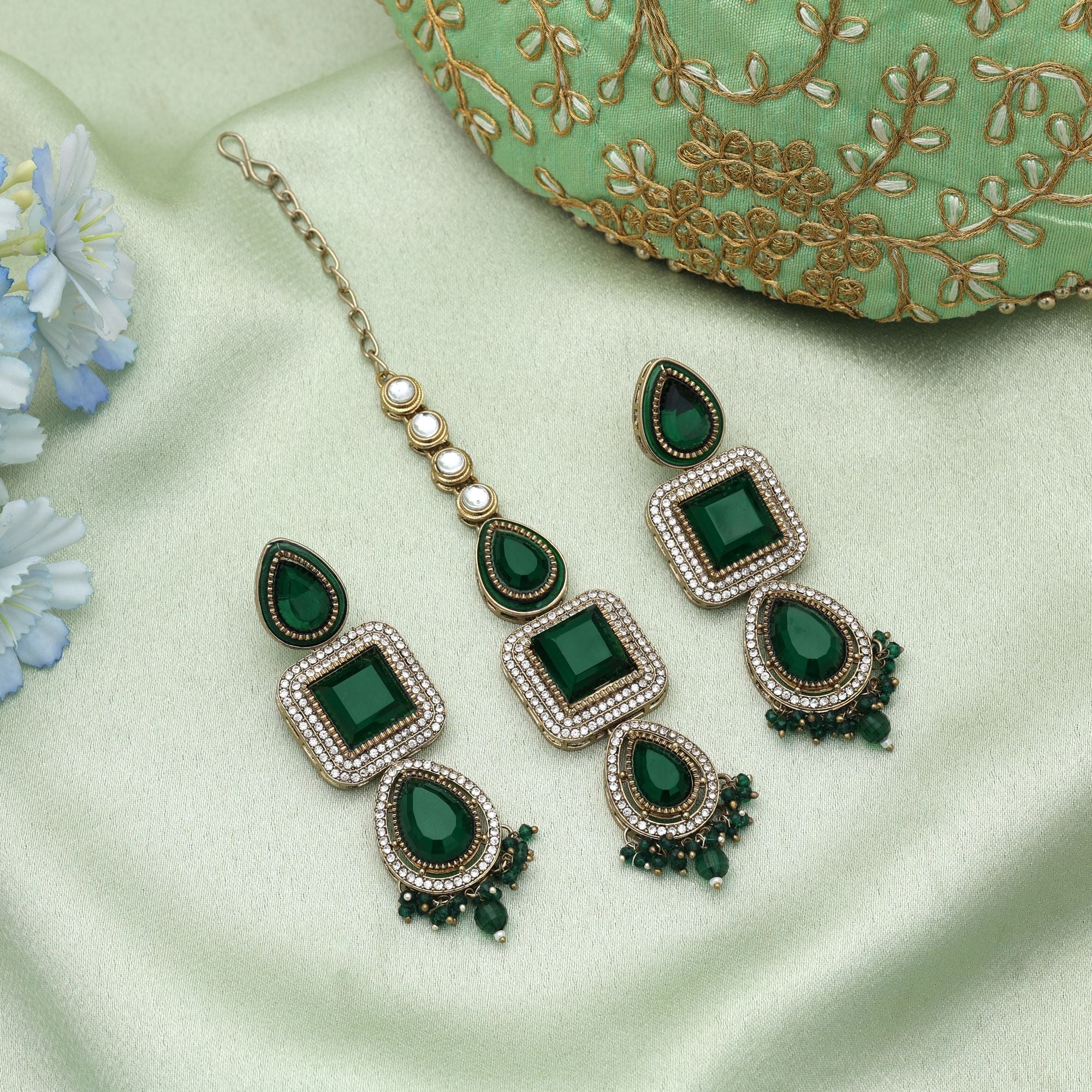 Green Color Kundan Earrings Tikka Set Traditional Fashion