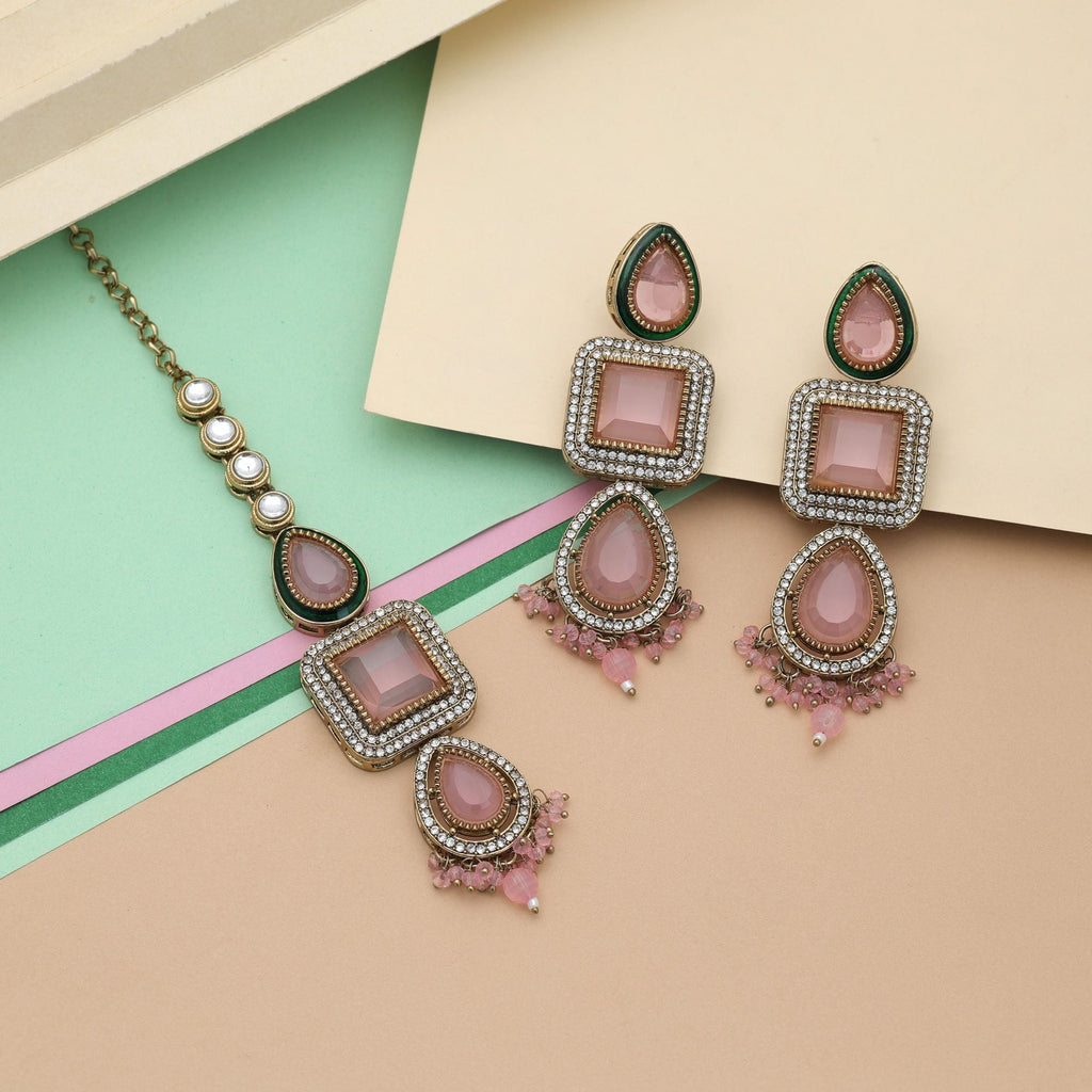 Light Pink Color Kundan Earrings Tikka Set Ethnic Design