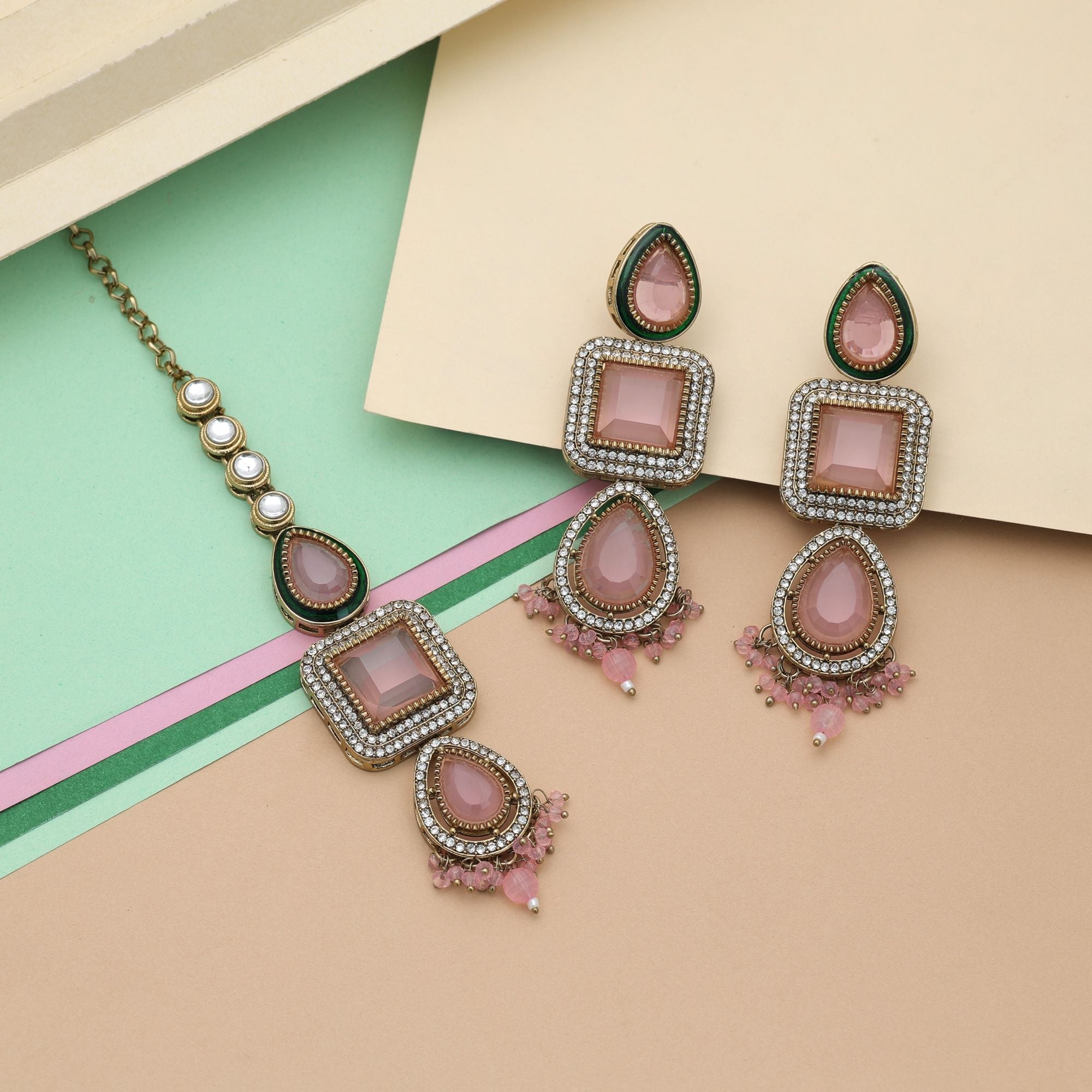 Light Pink Color Kundan Earrings Tikka Set Ethnic Design