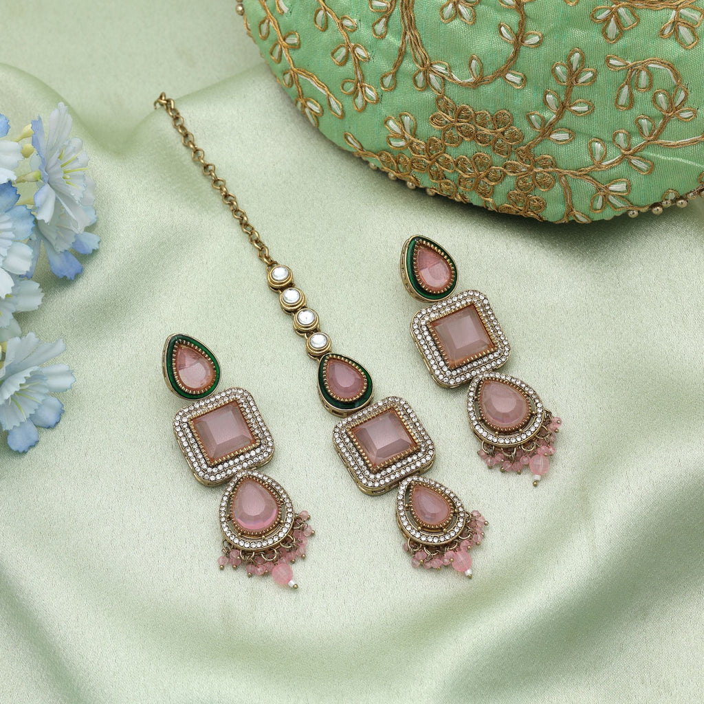 Light Pink Color Kundan Earrings Tikka Set Ethnic Design