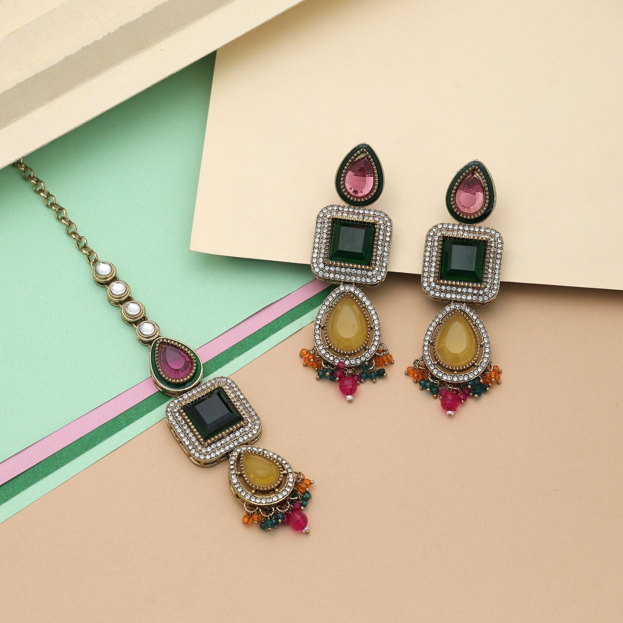 Multi Color Kundan Earrings Tikka Set Ethnic Jewelry