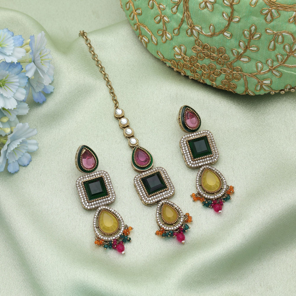 Multi Color Kundan Earrings Tikka Set Ethnic Jewelry