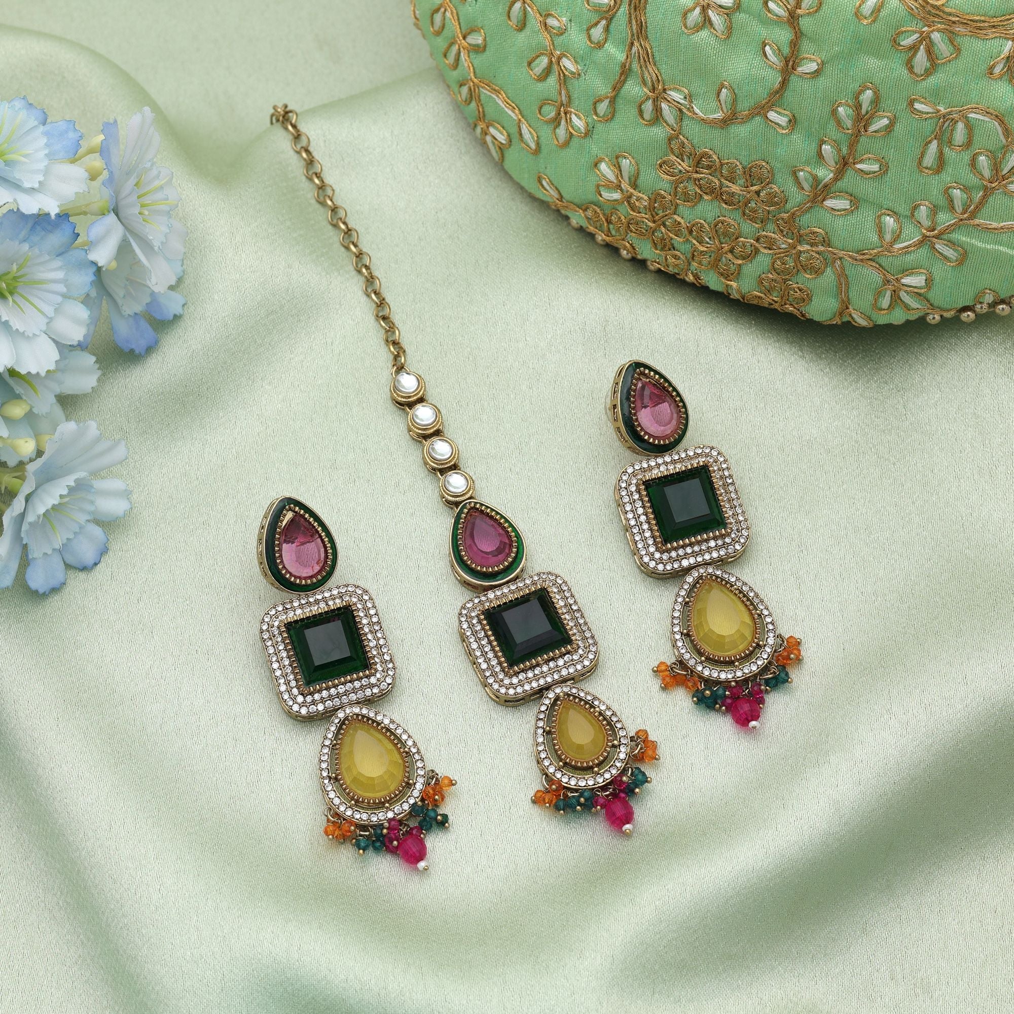 Multi Color Kundan Earrings Tikka Set Ethnic Jewelry