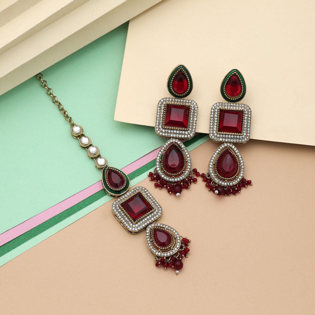 Maroon Color Kundan Earrings Tikka Set Wedding Wear