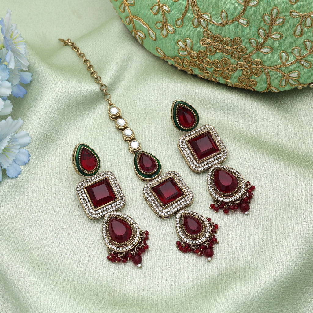 Maroon Color Kundan Earrings Tikka Set Wedding Wear