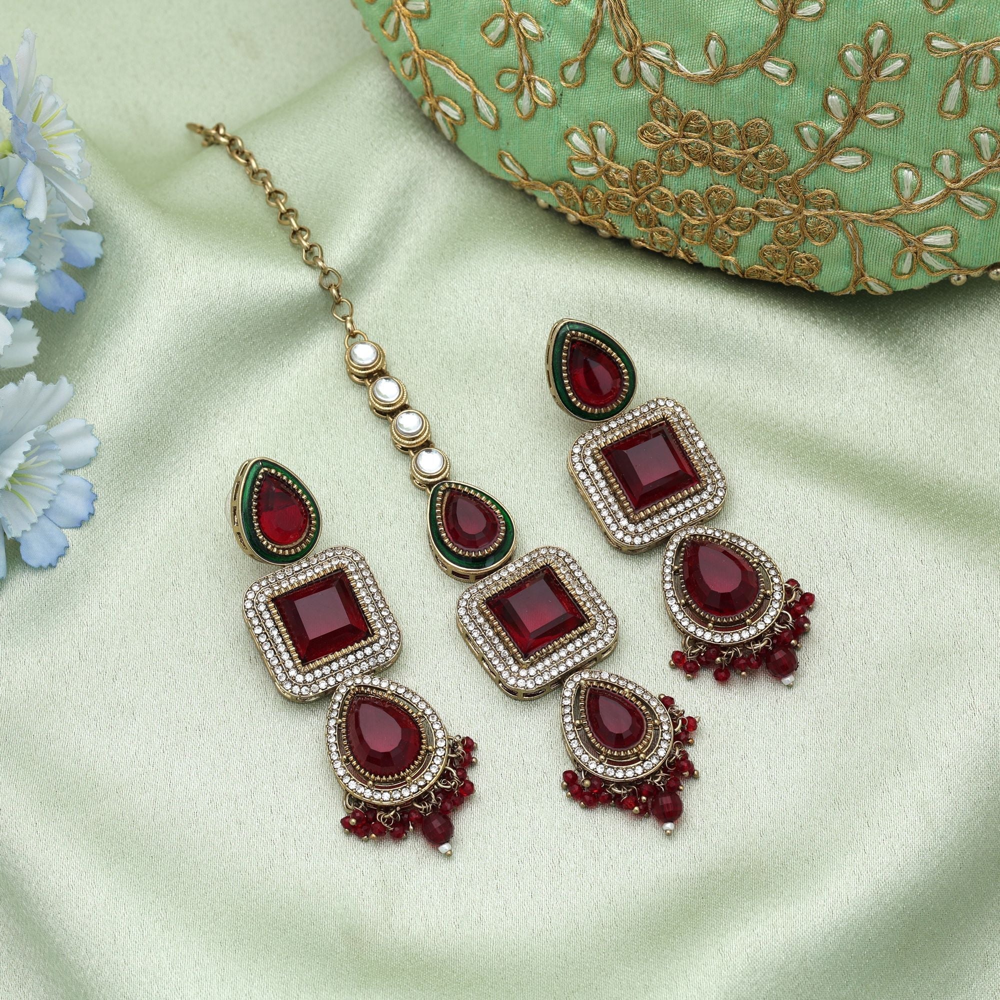 Maroon Color Kundan Earrings Tikka Set Wedding Wear