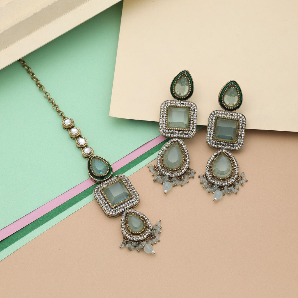 Pista Green Color Kundan Earrings Tikka Set Women Wear