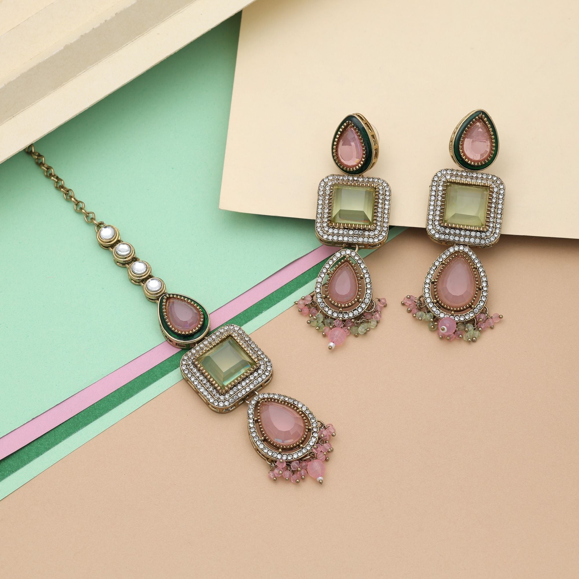 Pista Green & Pink Kundan Earrings Tikka Set Festive