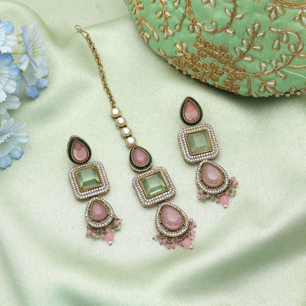 Pista Green & Pink Kundan Earrings Tikka Set Festive