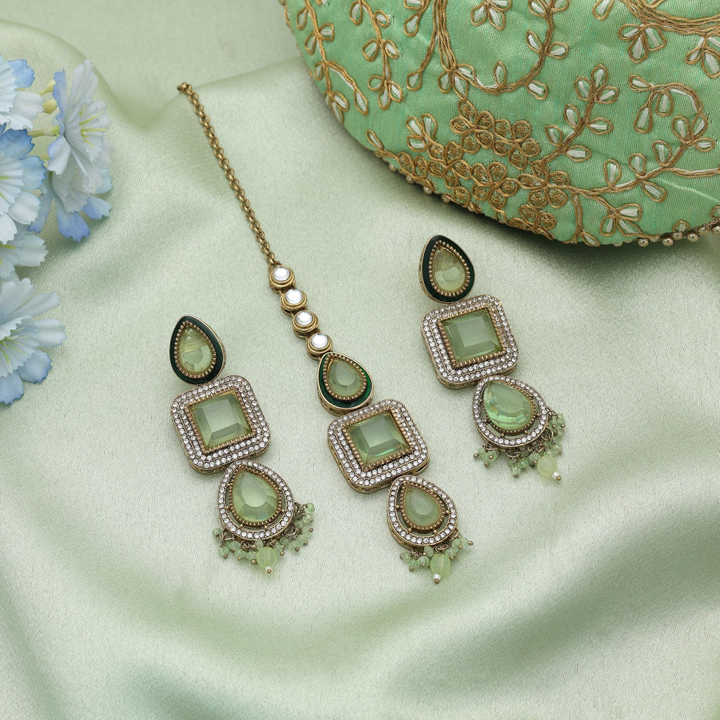 Pista Green Color Kundan Earrings Tikka Set Women Wear