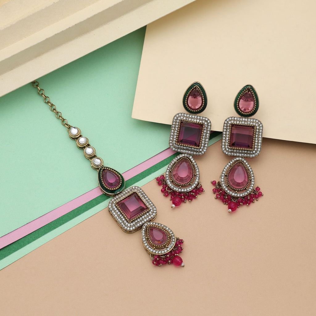 Rani Color Kundan Earrings Tikka Set Bridal Jewelry