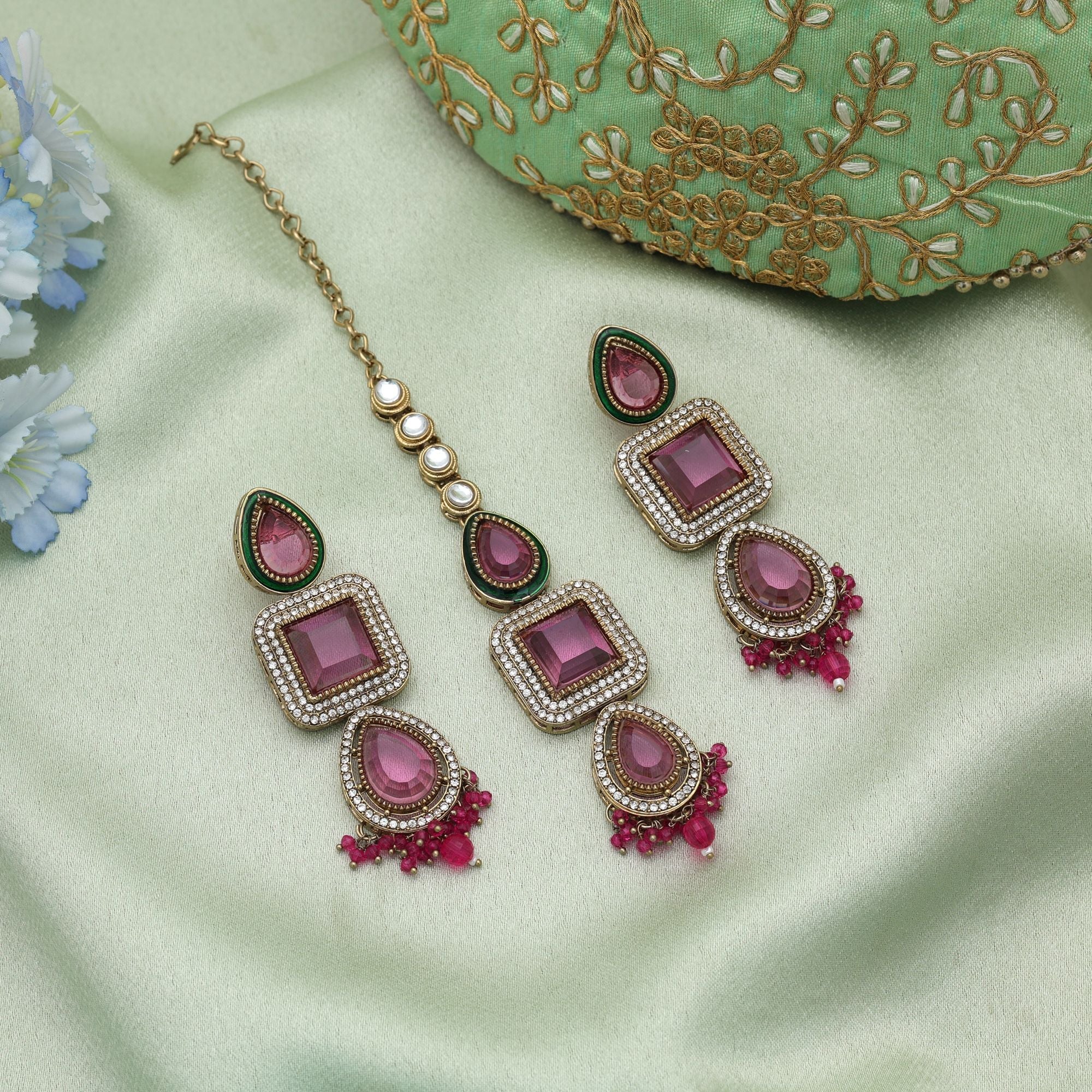 Rani Color Kundan Earrings Tikka Set Bridal Jewelry