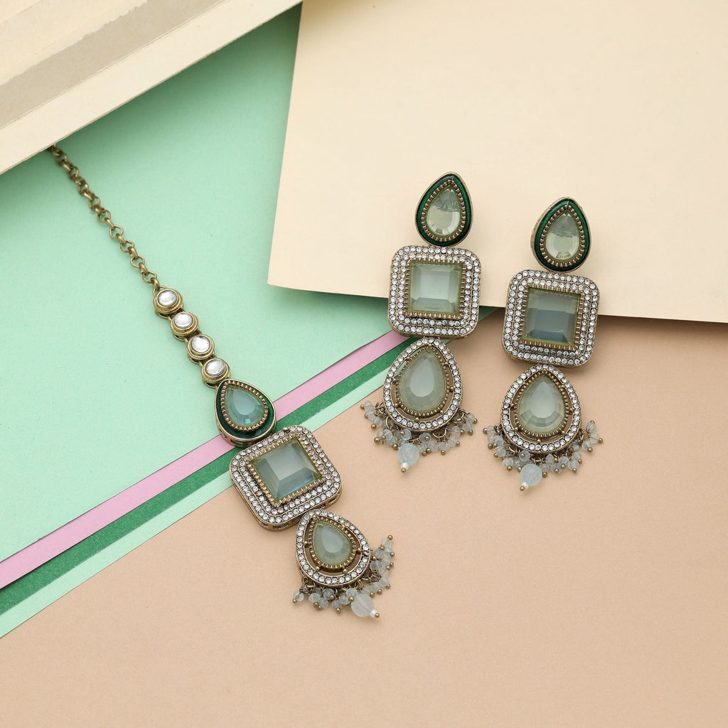 Sky Blue Color Kundan Earrings Tikka Set Wedding Wear