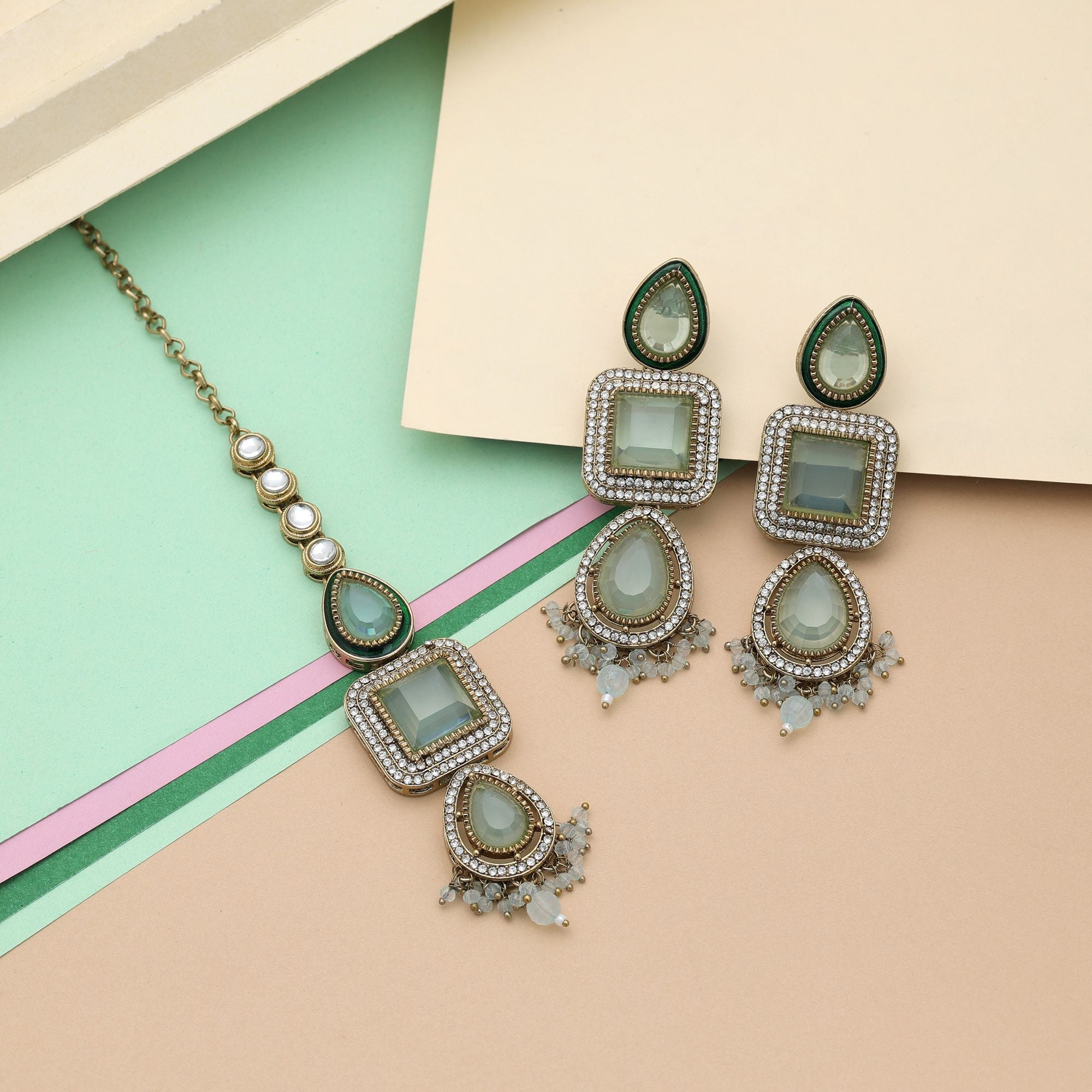 Sky Blue Color Kundan Earrings Tikka Set Wedding Wear