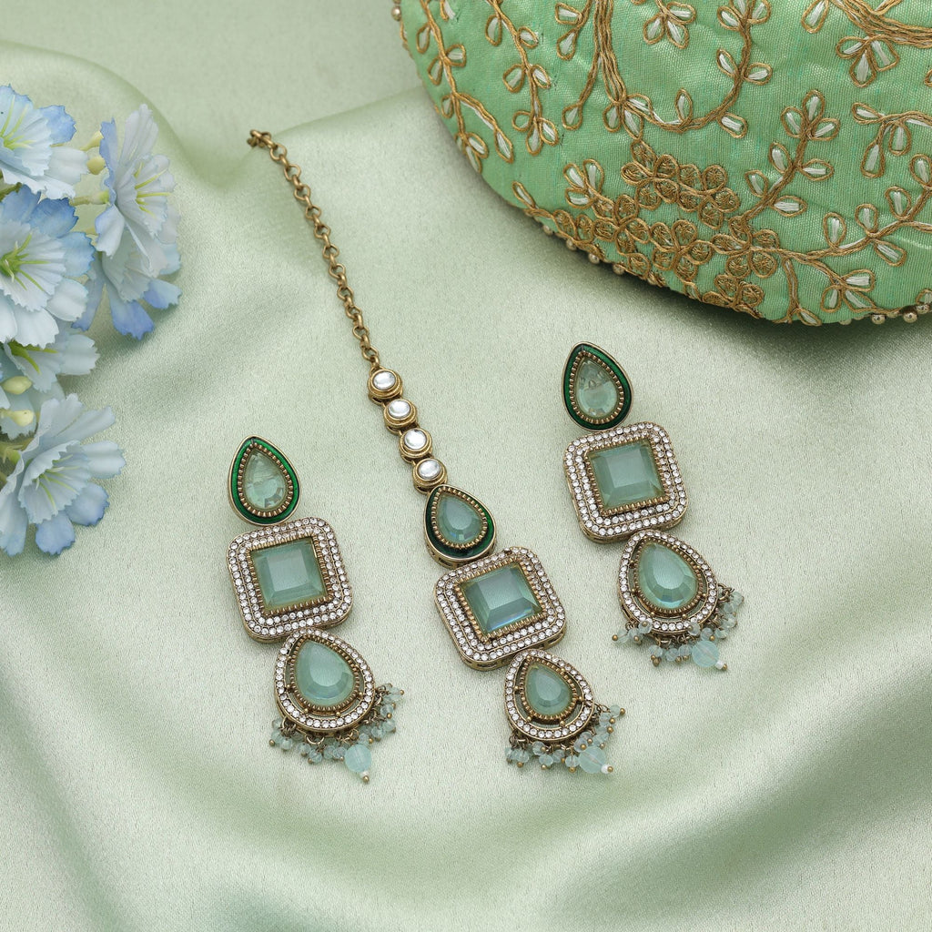 Sky Blue Color Kundan Earrings Tikka Set Wedding Wear