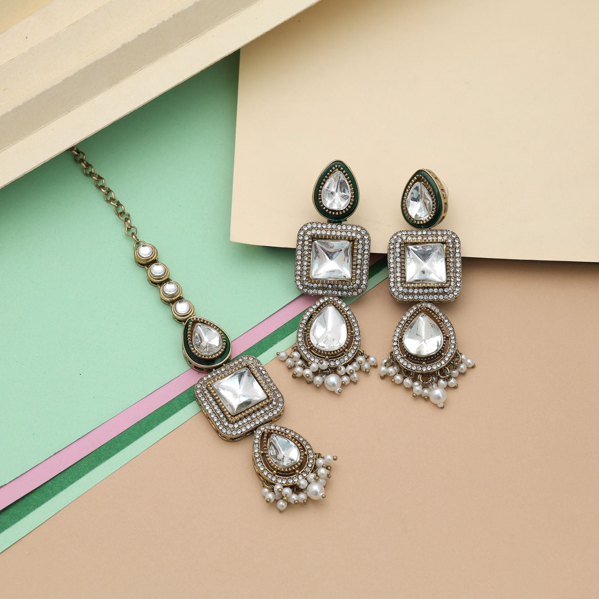 White Color Kundan Earrings Tikka Set Bridal Collection