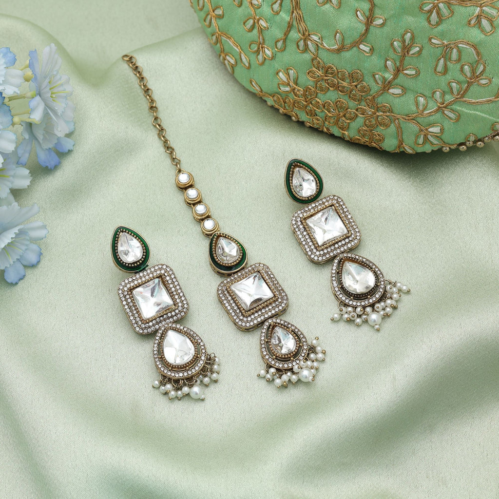 White Color Kundan Earrings Tikka Set Bridal Collection