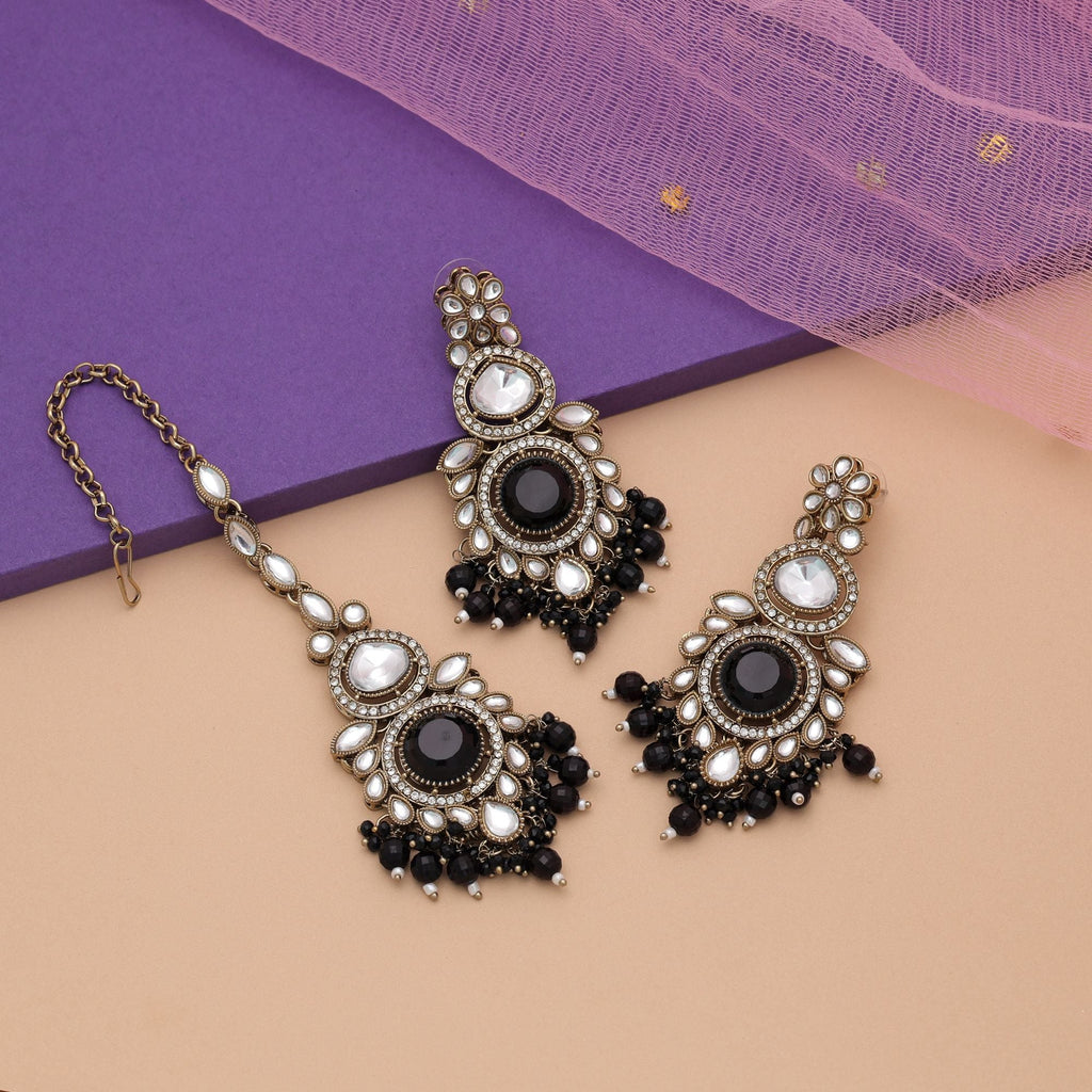 Black Color Kundan Earrings Tikka Set Festive Fashion