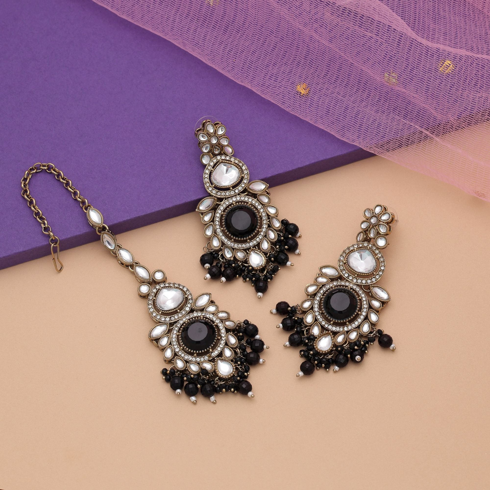 Black Color Kundan Earrings Tikka Set Festive Fashion