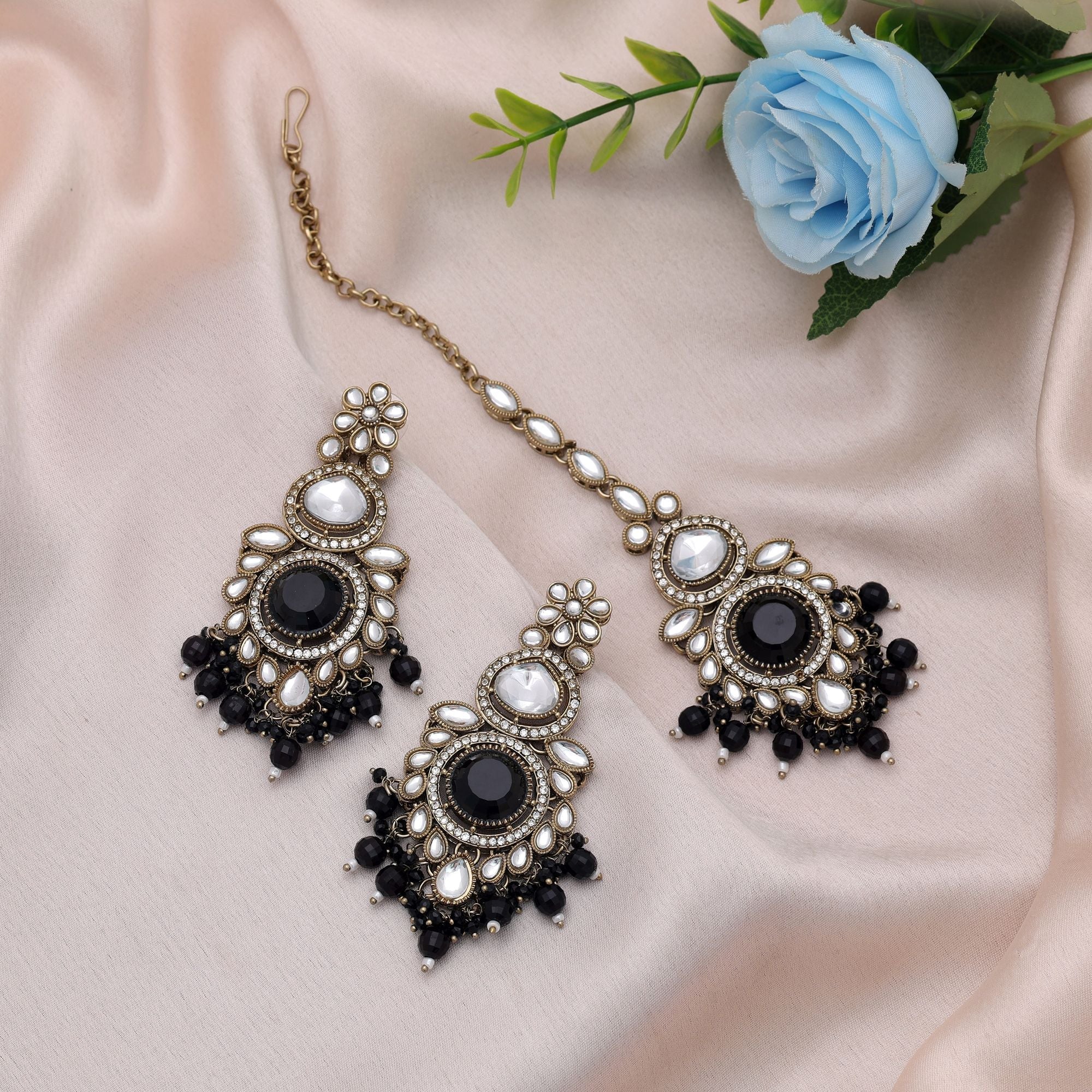 Black Color Kundan Earrings Tikka Set Festive Fashion