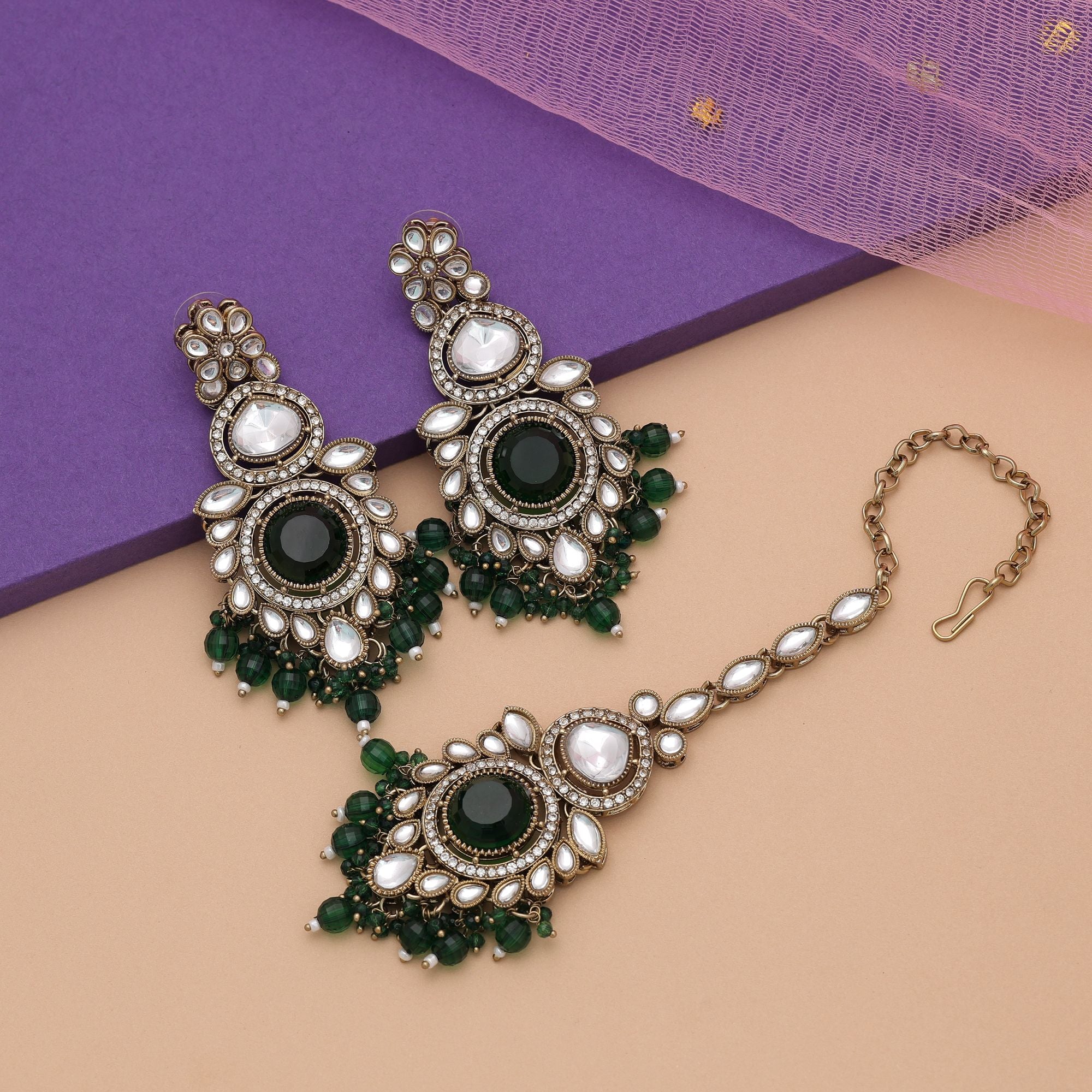 Green Color Kundan Earrings Tikka Set Bridal Artwork