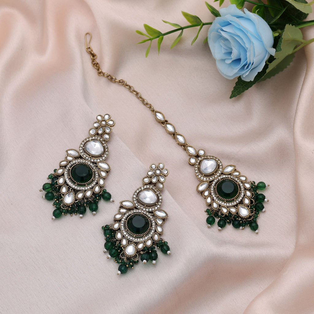 Green Color Kundan Earrings Tikka Set Bridal Artwork