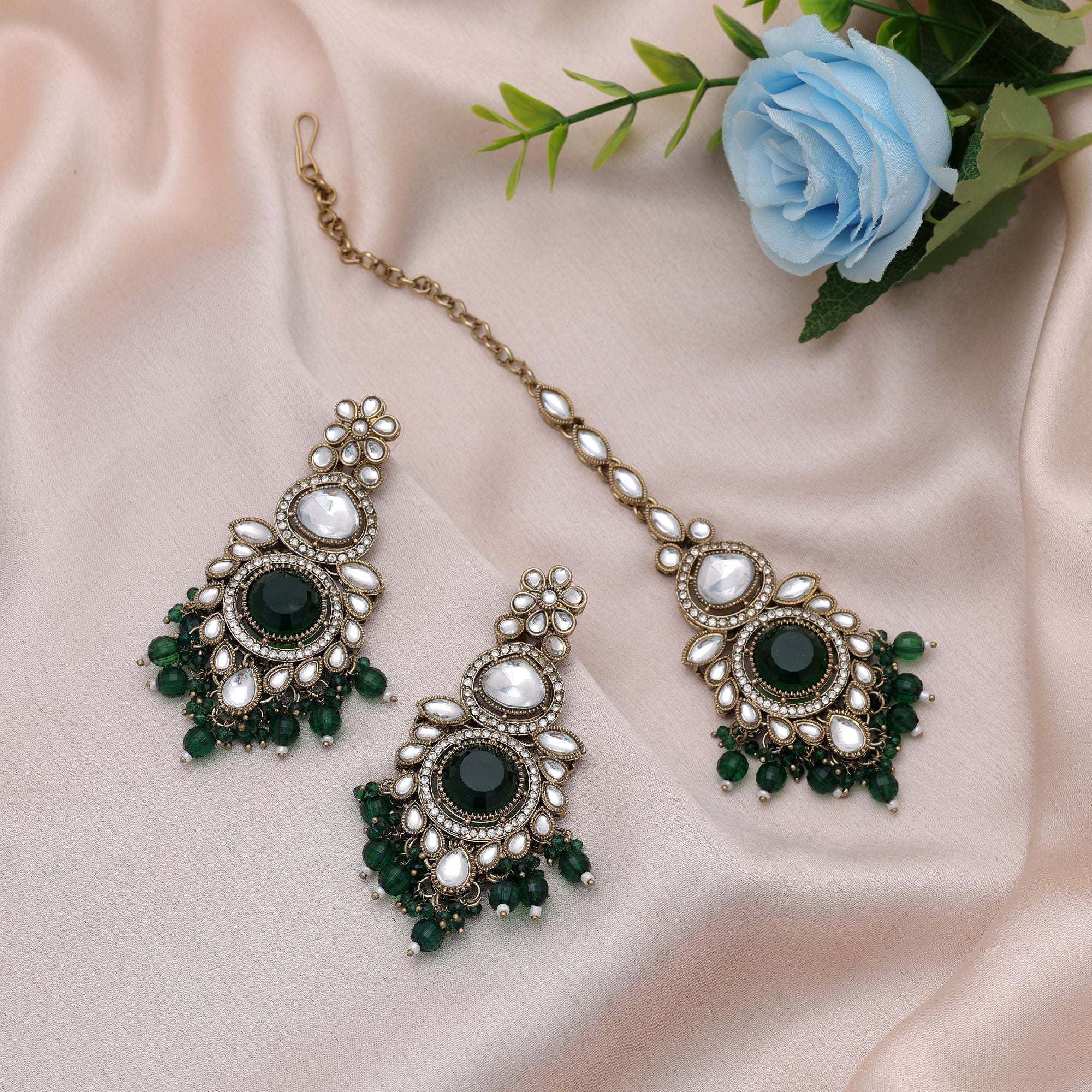 Green Color Kundan Earrings Tikka Set Bridal Artwork
