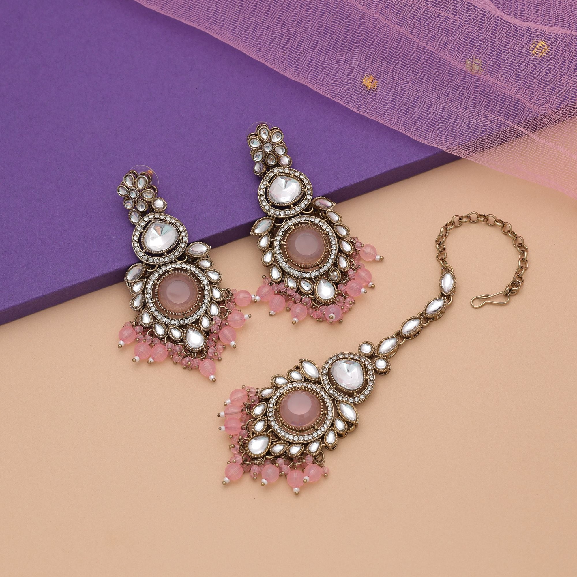 Light Pink Color Kundan Earrings Tikka Set Party Wear