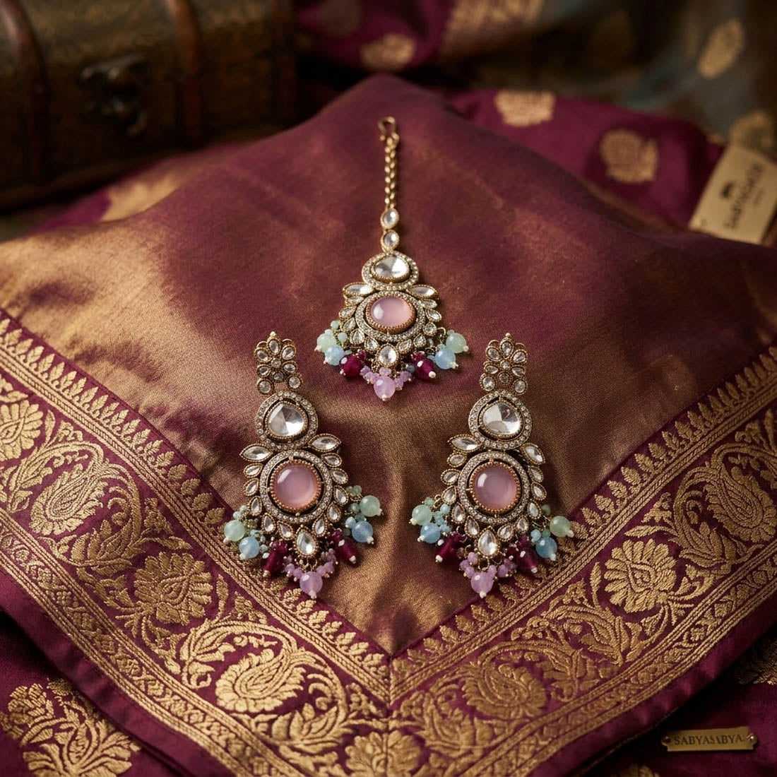 Multi Color Kundan Earrings Tikka Set Bridal Artwork