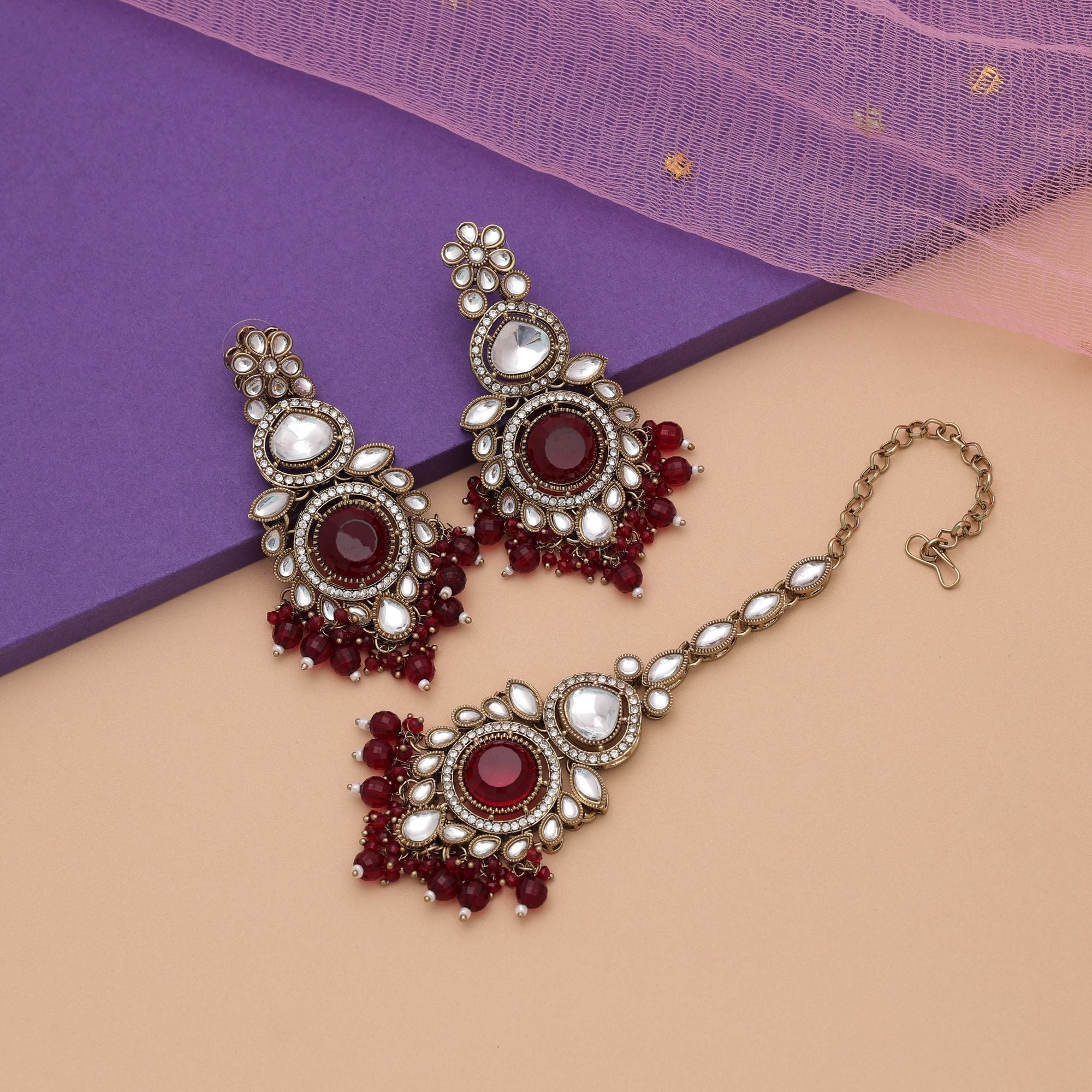Maroon Color Kundan Earrings Tikka Set Wedding Design