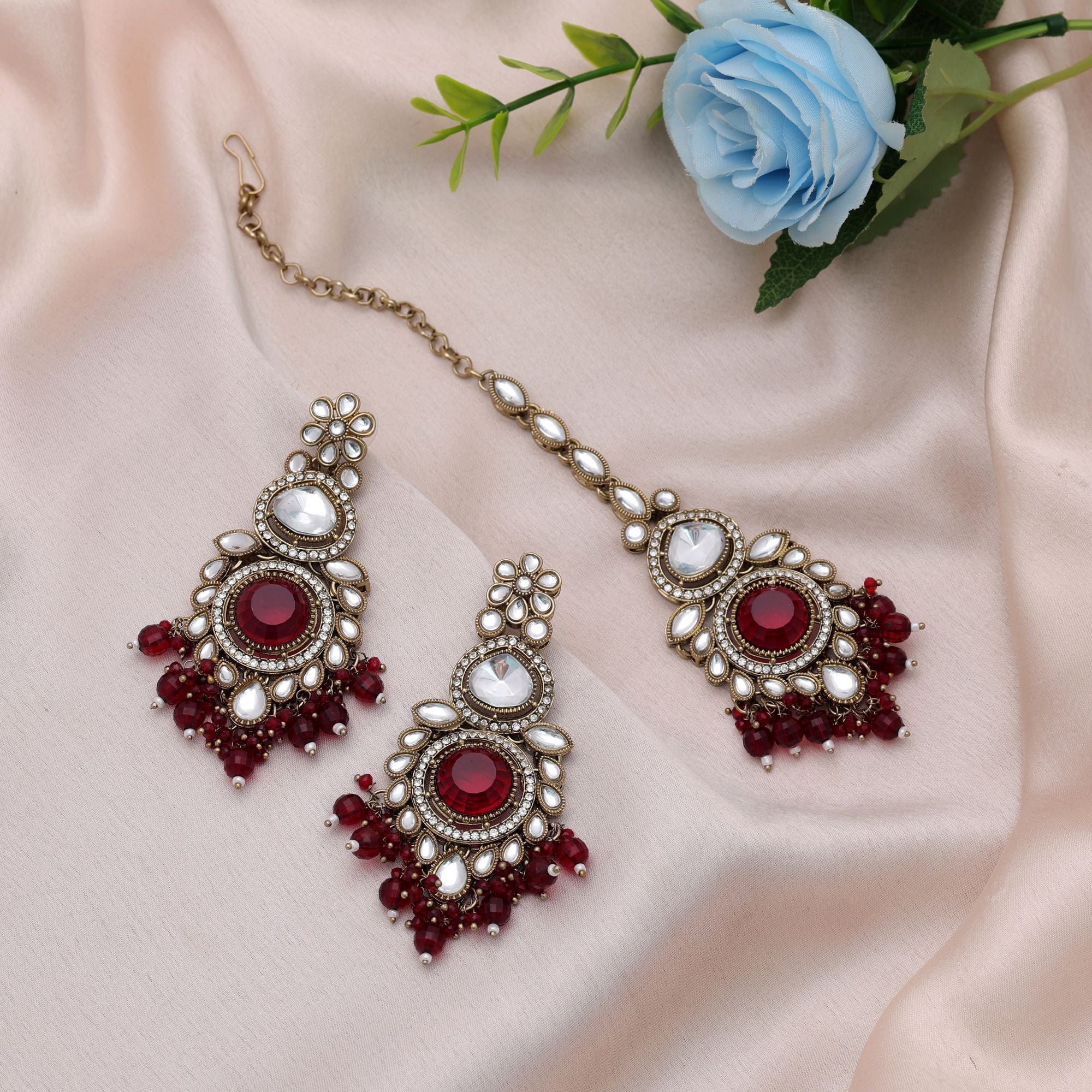 Maroon Color Kundan Earrings Tikka Set Wedding Design
