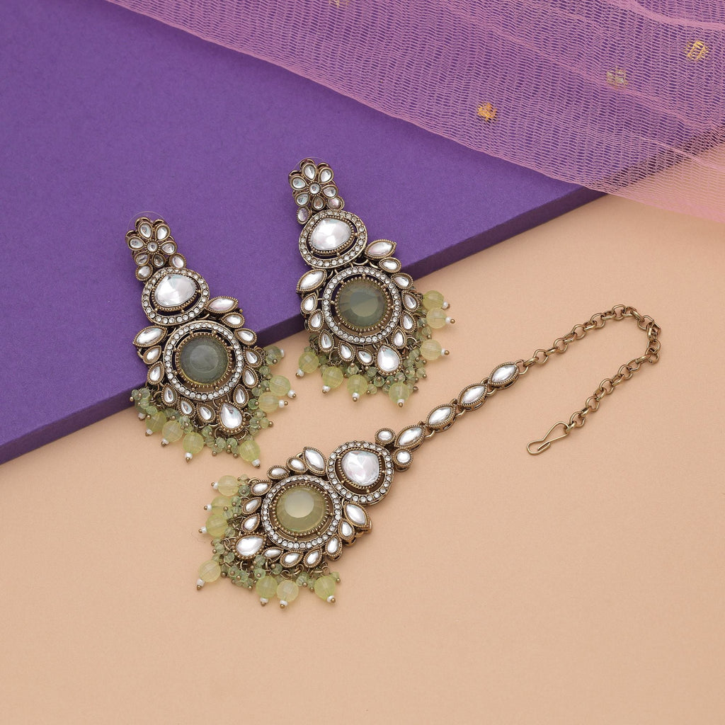 Pista Green Color Kundan Earrings Tikka Set Wedding Wear