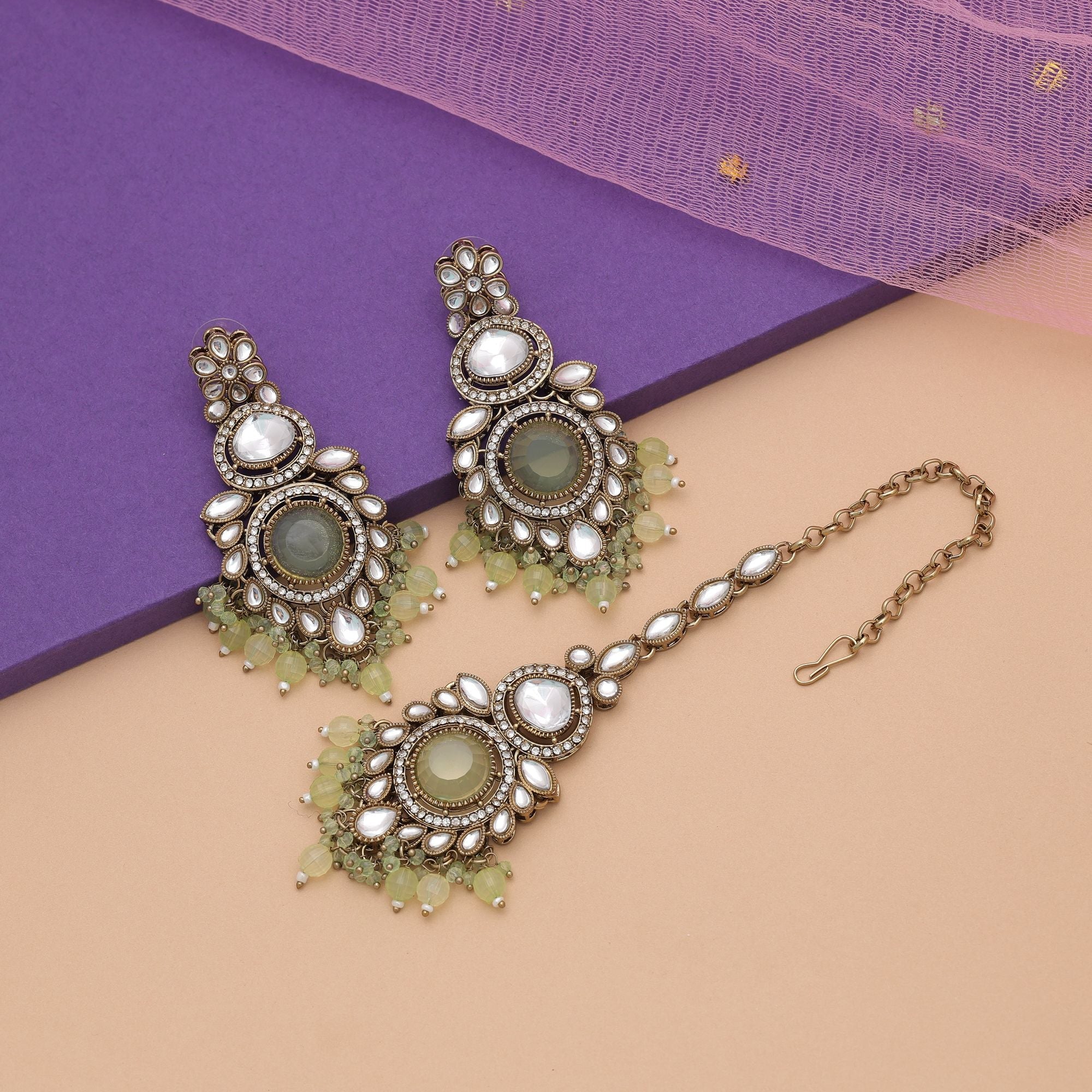 Pista Green Color Kundan Earrings Tikka Set Wedding Wear