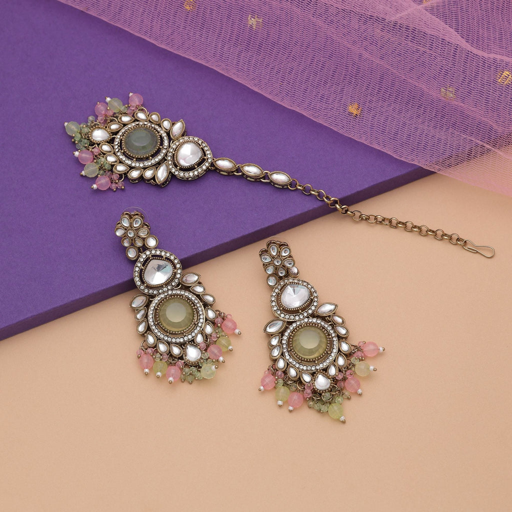 Pista Green & Pink Kundan Earrings Tikka Set Royal