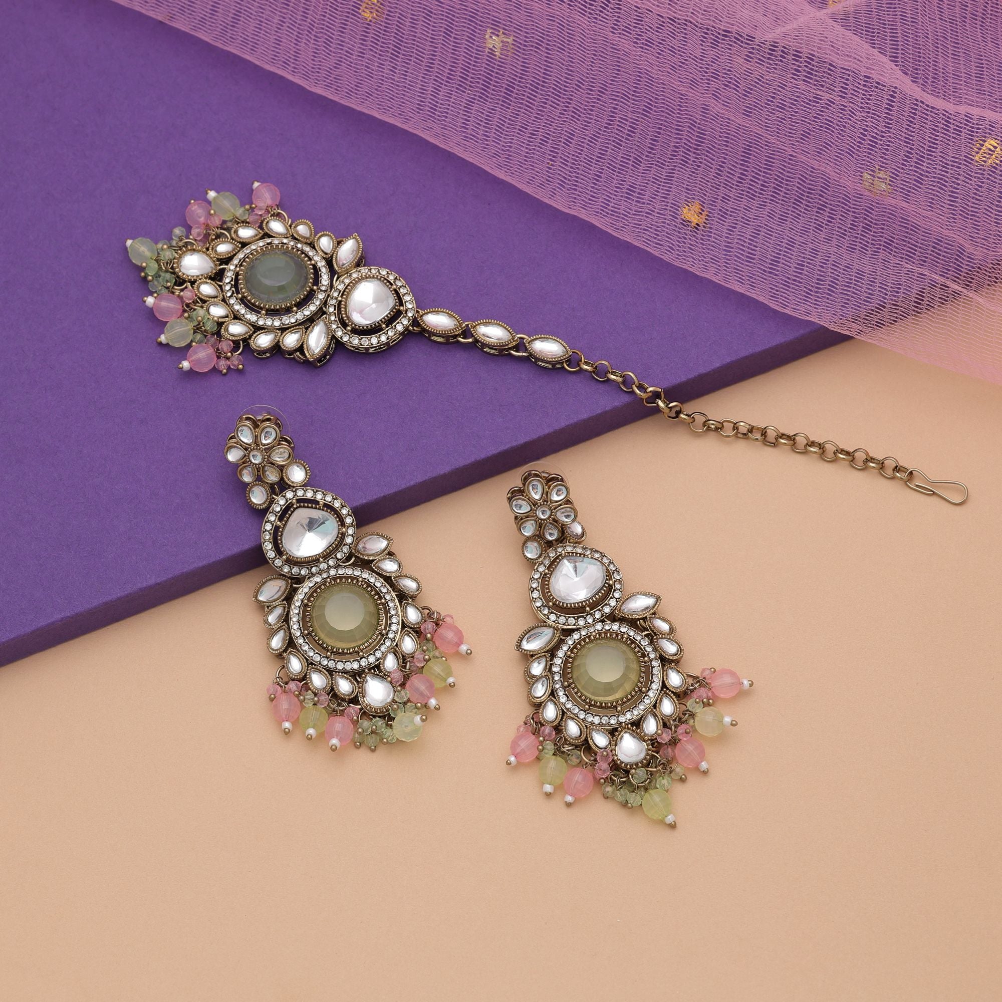 Pista Green & Pink Kundan Earrings Tikka Set Royal