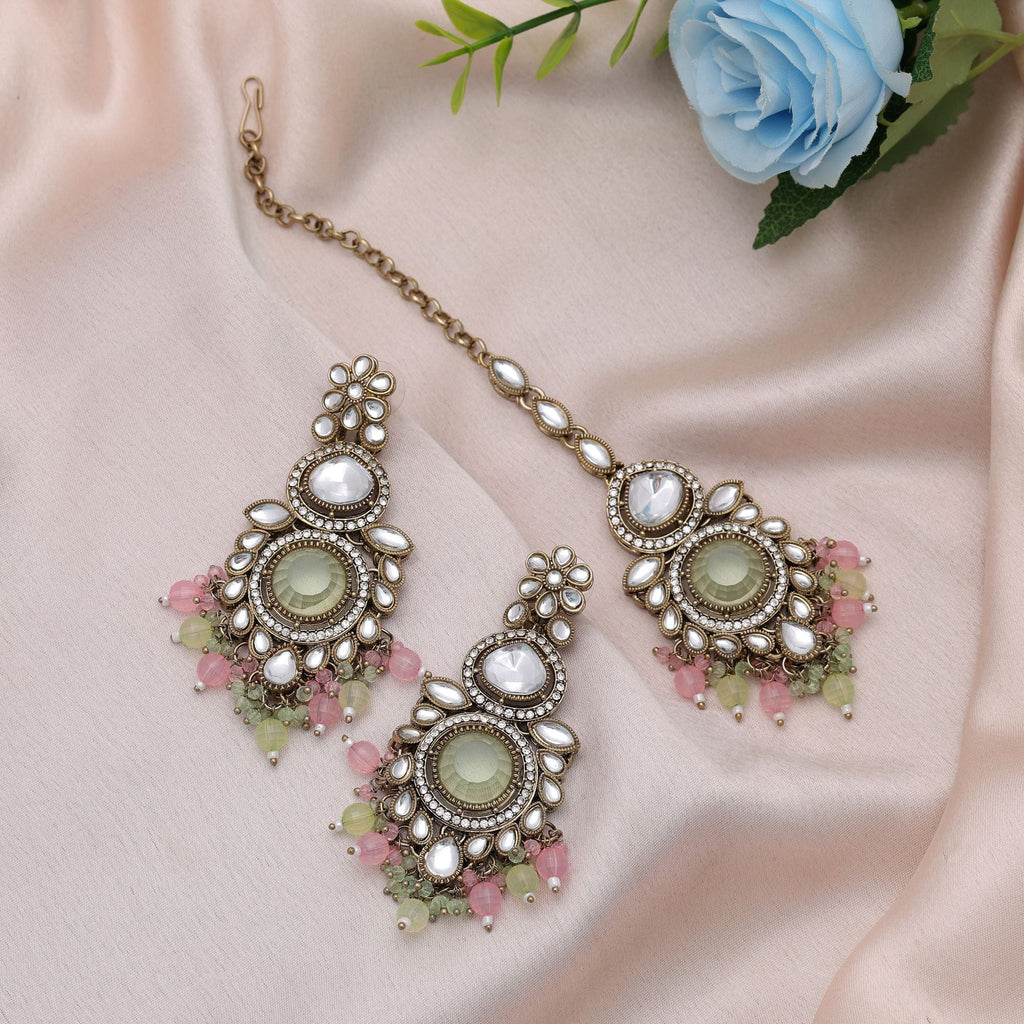Pista Green & Pink Kundan Earrings Tikka Set Royal