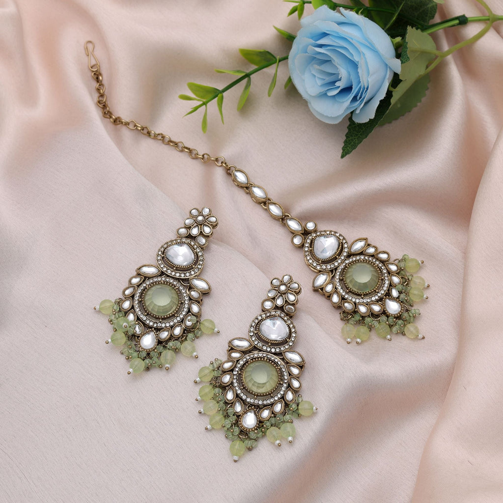 Pista Green Color Kundan Earrings Tikka Set Wedding Wear
