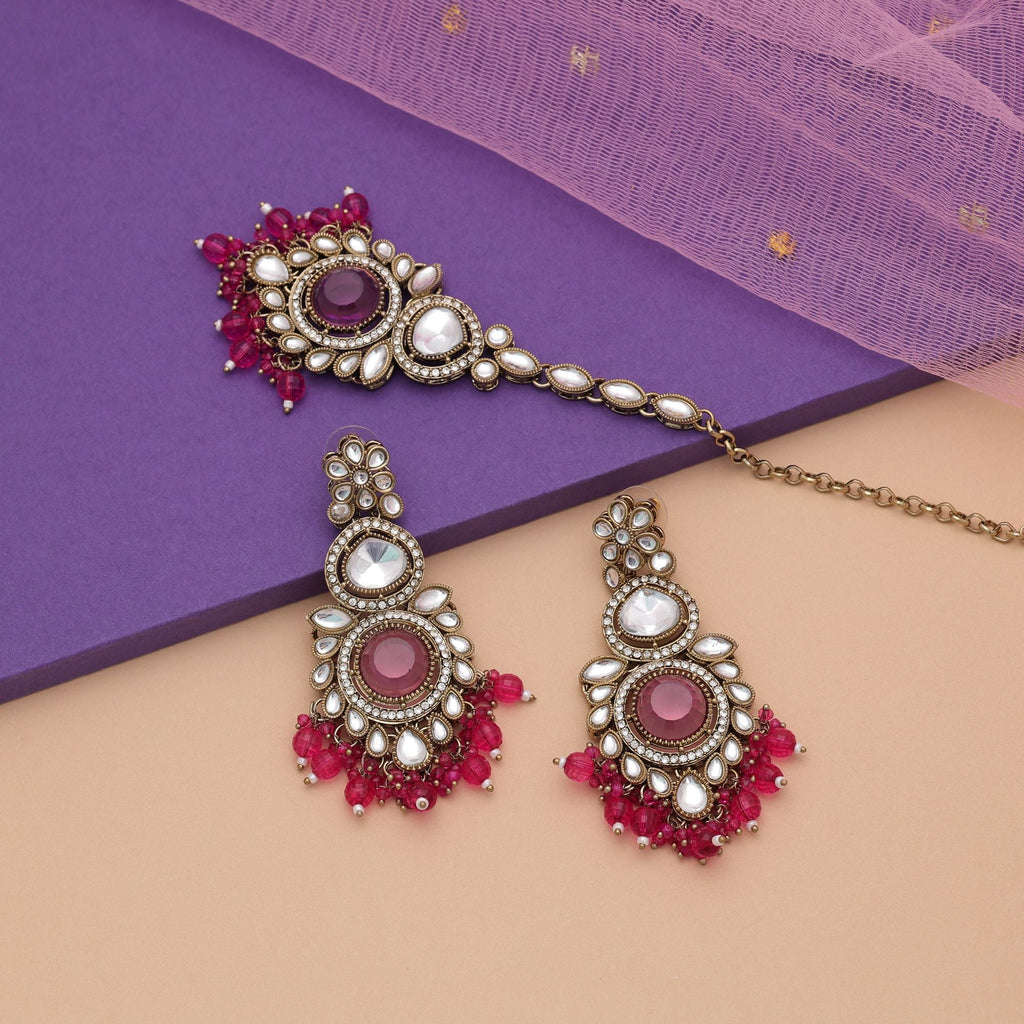 Rani Color Kundan Earrings Tikka Set Festive Collection