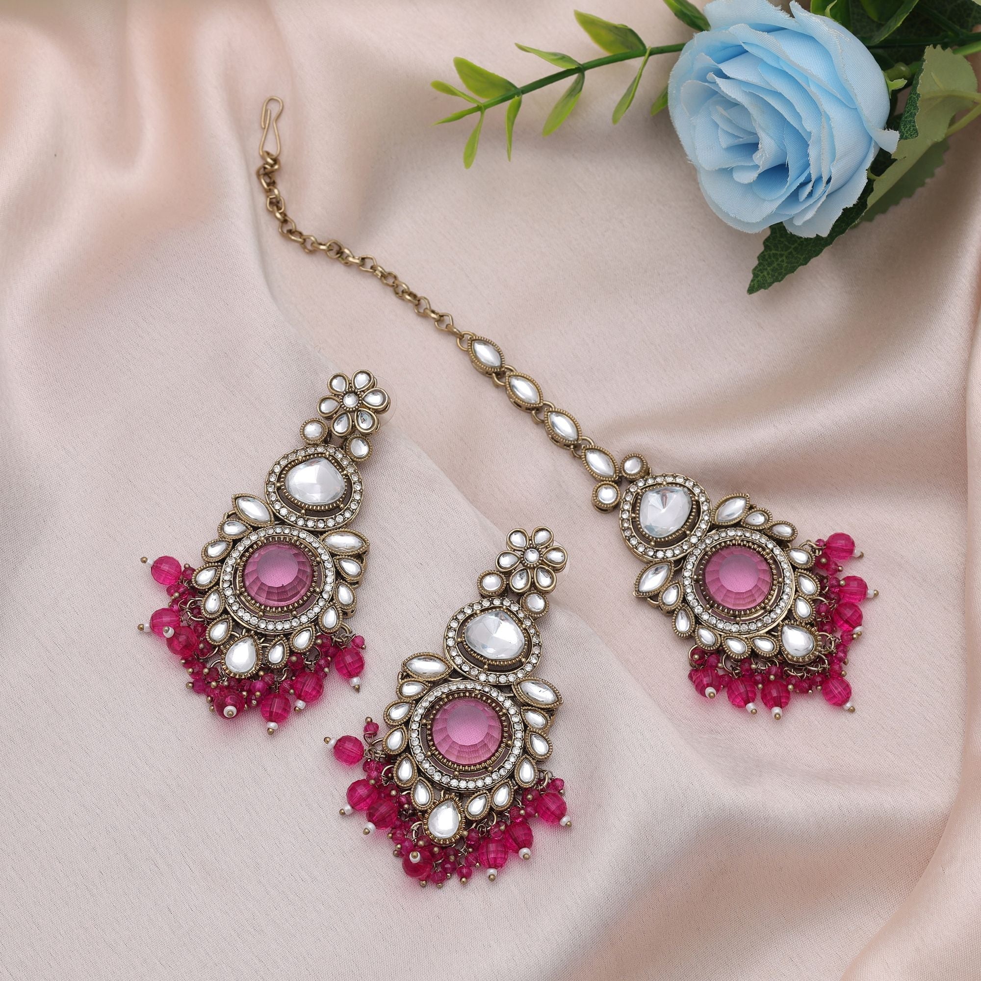 Rani Color Kundan Earrings Tikka Set Festive Collection