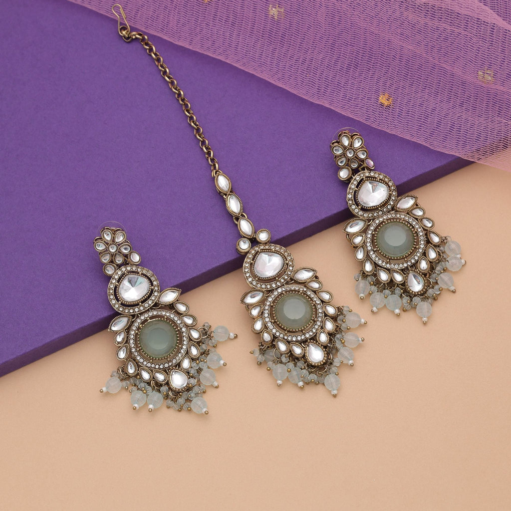 Sky Blue Color Kundan Earrings Tikka Set Ethnic Appeal