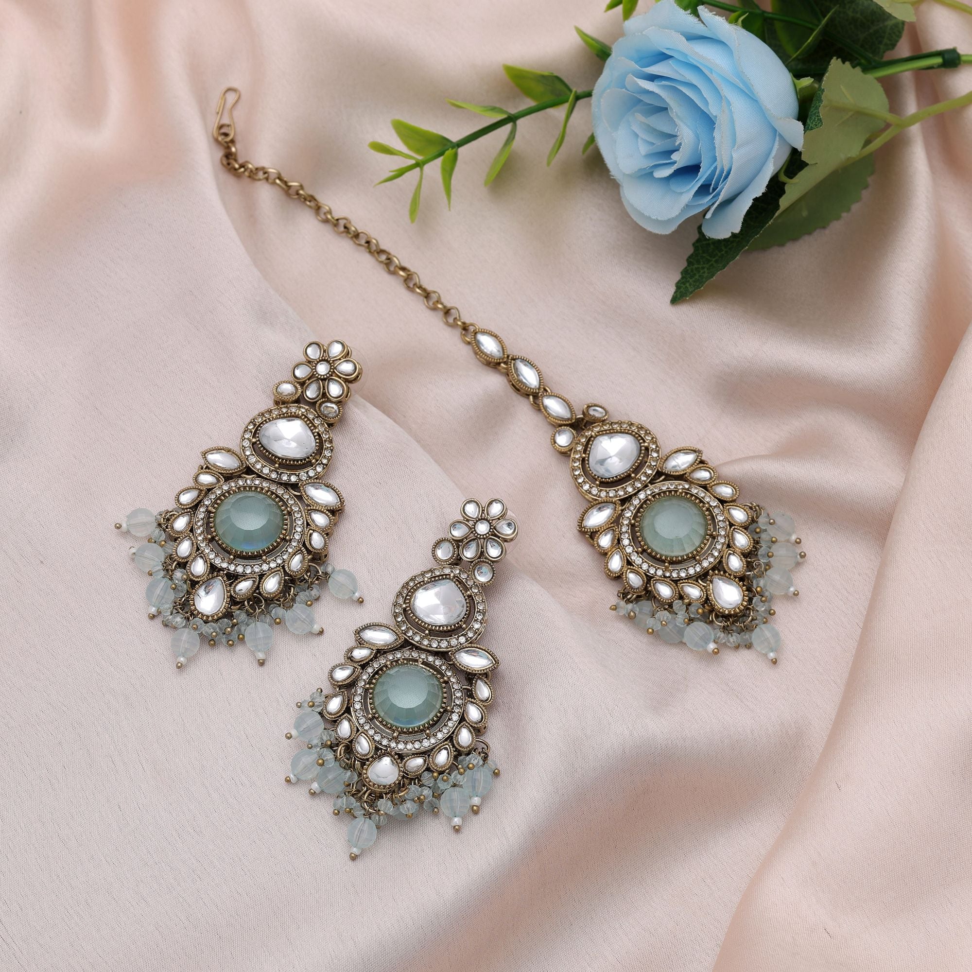 Sky Blue Color Kundan Earrings Tikka Set Ethnic Appeal