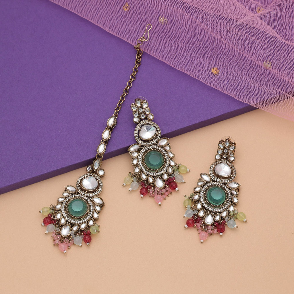 Multi Color Kundan Earrings Tikka Set Traditional Wear