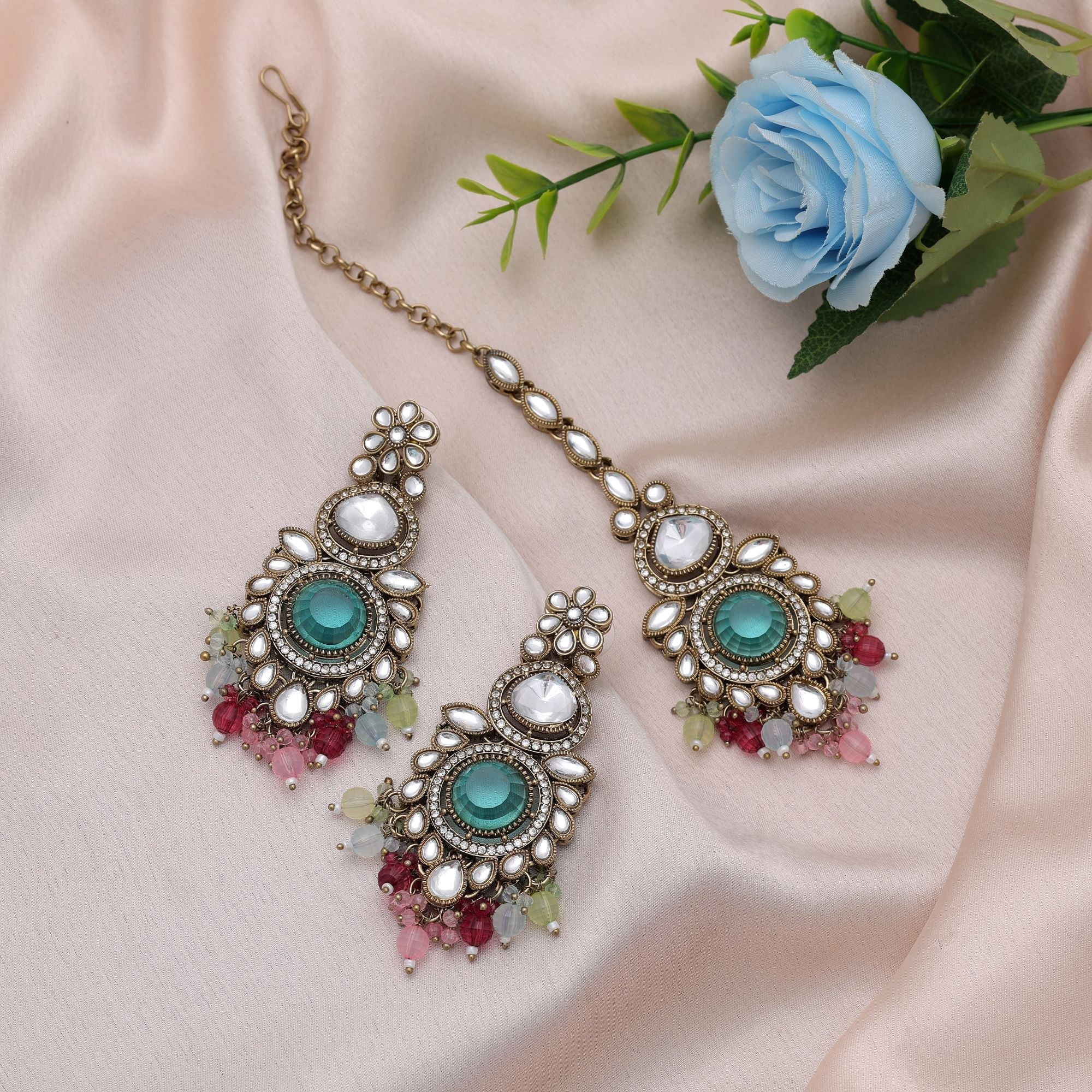 Multi Color Kundan Earrings Tikka Set Traditional Wear