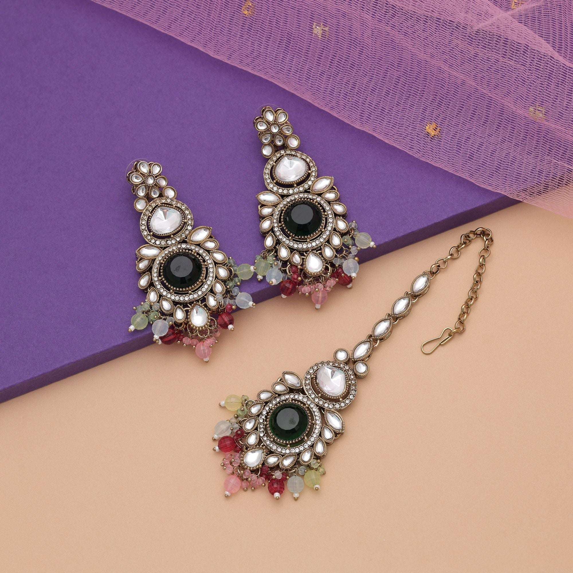 Multi Color Kundan Earrings Tikka Set Ethnic Design