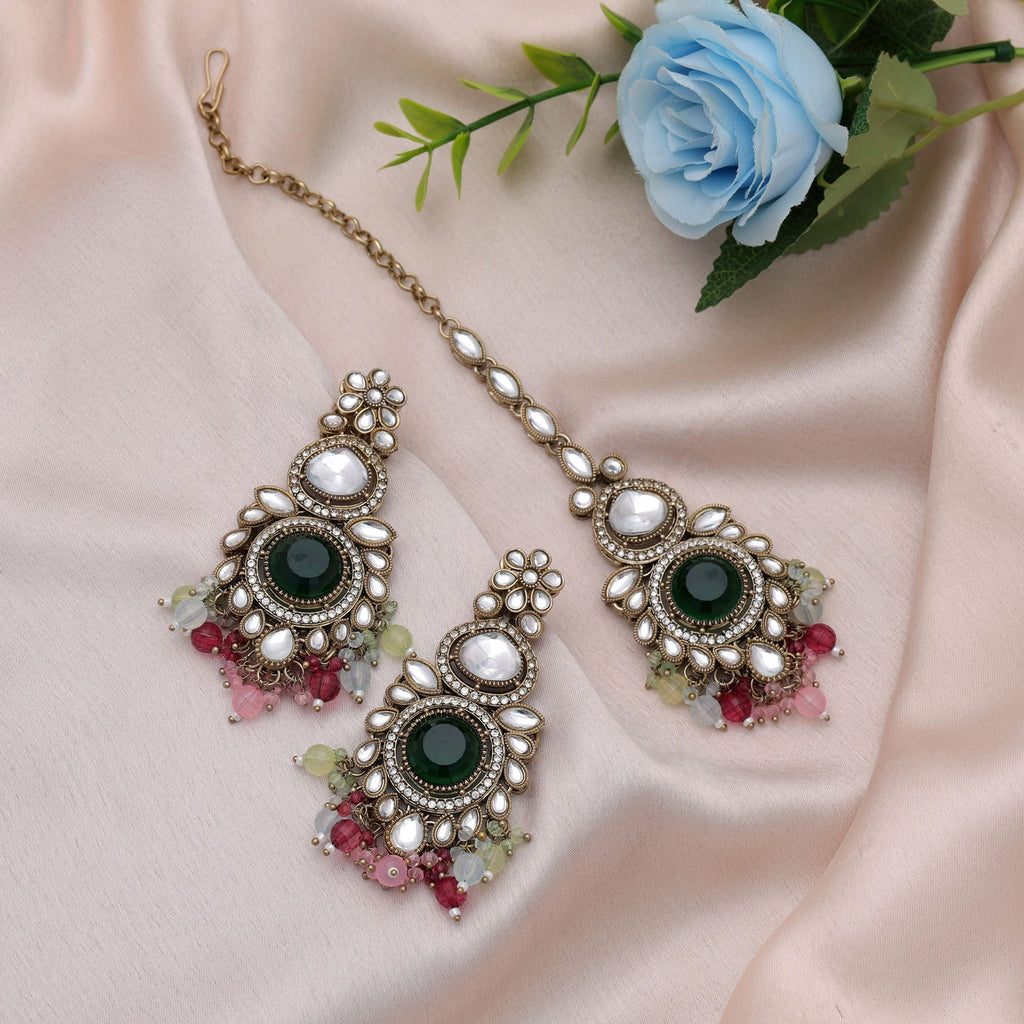 Multi Color Kundan Earrings Tikka Set Ethnic Design