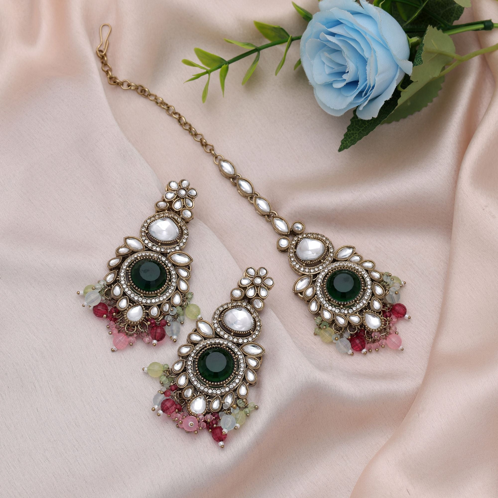 Multi Color Kundan Earrings Tikka Set Ethnic Design