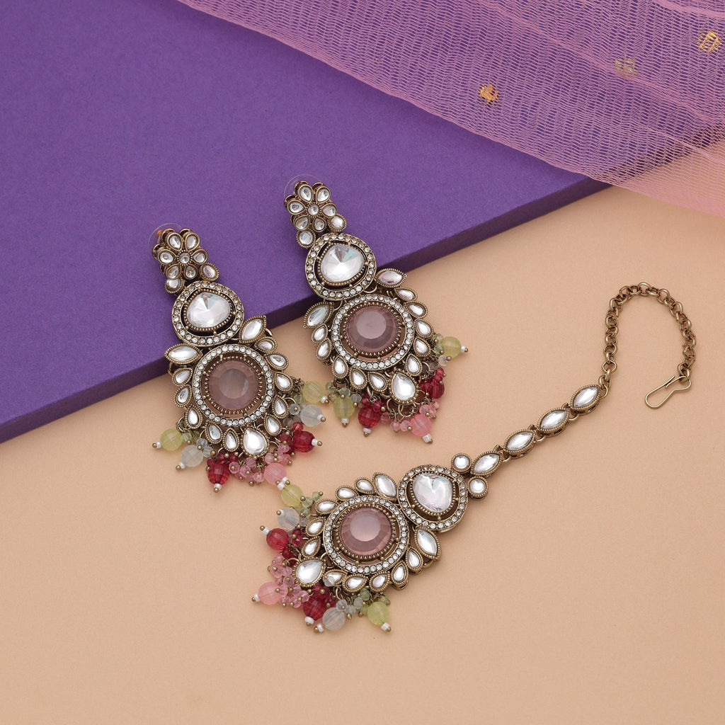 Multi Color Kundan Earrings Tikka Set Fashion Styling